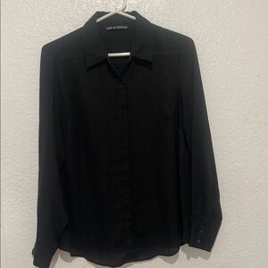 Zac & Rachel Black Pleated Back Blouse Womens Medium Sheer Button Front Top